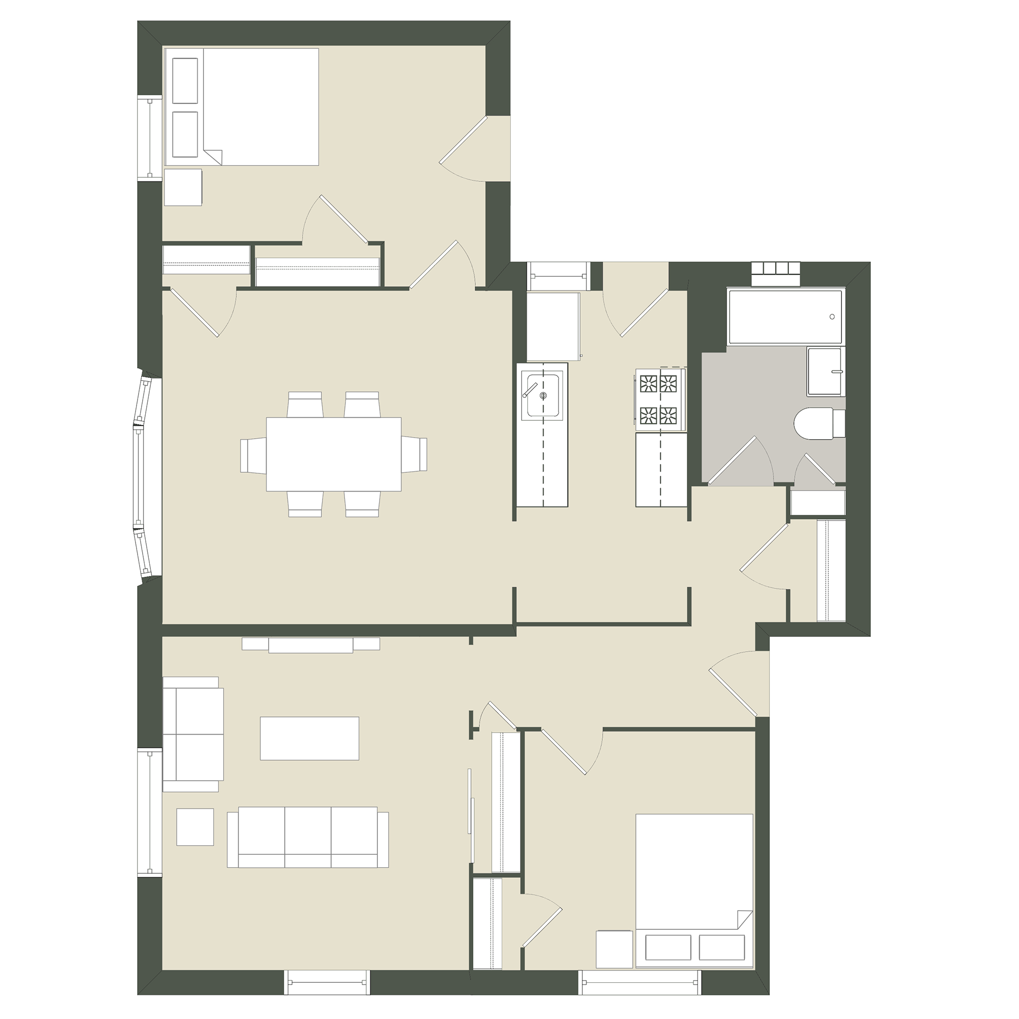 Floor plan for 2 beds, 1 bath, 840 sqft